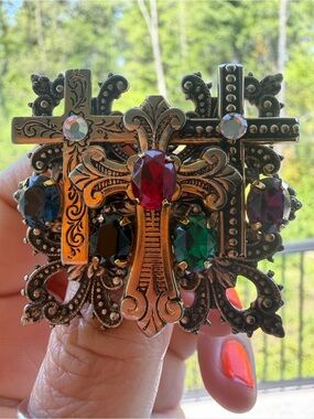 Ornate Cross Cluster Brooch with Multi-Colored Stones